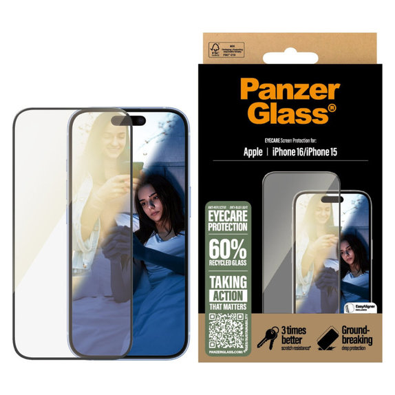 Tempered Glass UWF Eyecare with Applicator for iPhone 16/15, Black, PanzerGlass