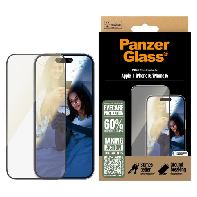 Tempered Glass UWF Eyecare with Applicator for iPhone 16/15, Black, PanzerGlass