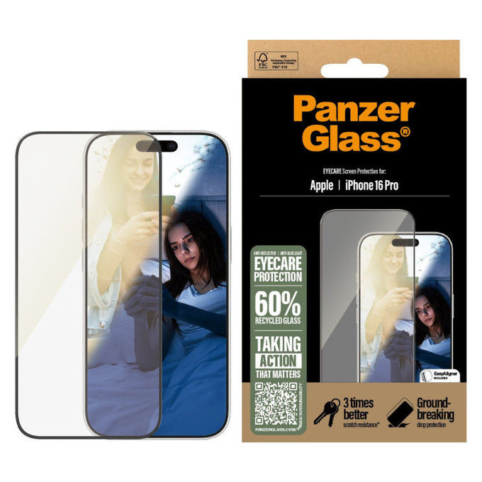 Tempered Glass UWF Eyecare with Applicator for iPhone 16 Pro, Black, PanzerGlass