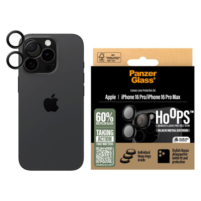Hoops Camera Lens Protector for iPhone 16 Pro Max/16 Pro, Black, PanzerGlass