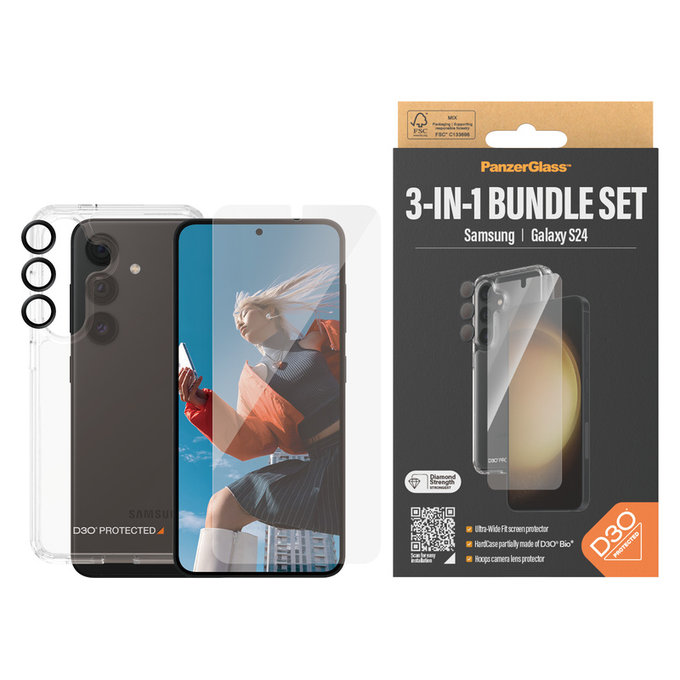 Bundle Hoops + Tempered Glass UWF + Hard Case D3O for Samsung Galaxy S24, PanzerGlass