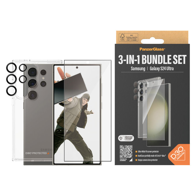 Bundle Hoops + Tempered Glass UWF + Hard Case D3O for Samsung Galaxy S24 Ultra, PanzerGlass