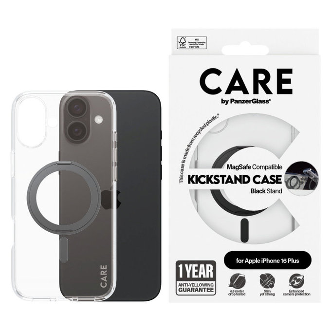 Kickstand Case with MagSafe for iPhone 16 Plus, Black, CARE