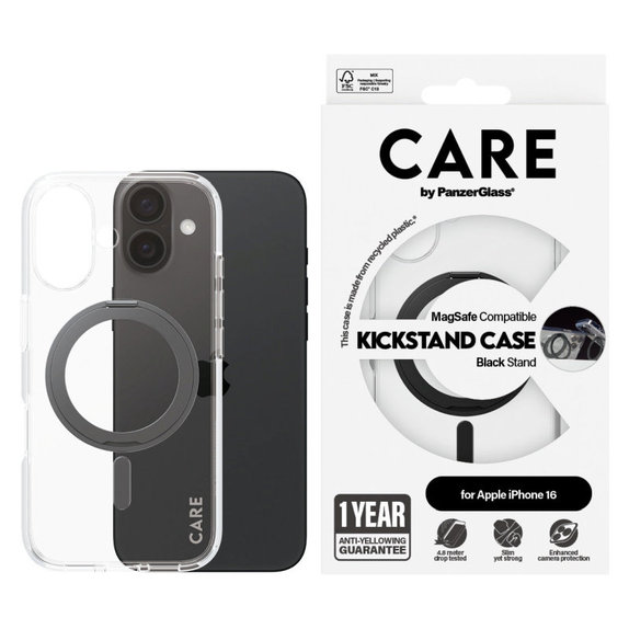 Kickstand Case with MagSafe for iPhone 16, Black, CARE