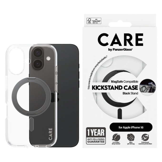 Kickstand Case with MagSafe for iPhone 16, Black, CARE
