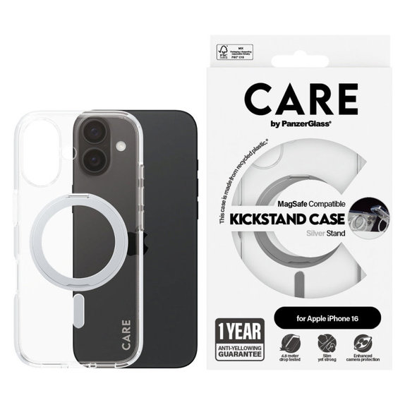 Kickstand Case with MagSafe for iPhone 16, Silver, CARE