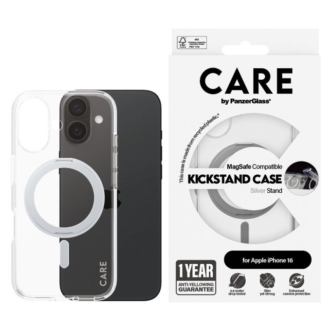 Kickstand Case with MagSafe for iPhone 16, Silver, CARE