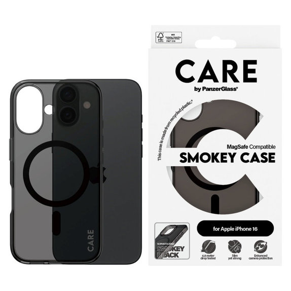 Smokey Case with MagSafe for iPhone 16, Black, CARE