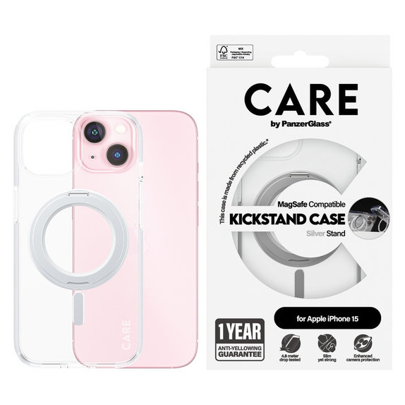 Case Kickstand with MagSAFE by PanzerGlass for iPhone 15, Silver, PanzerGlass