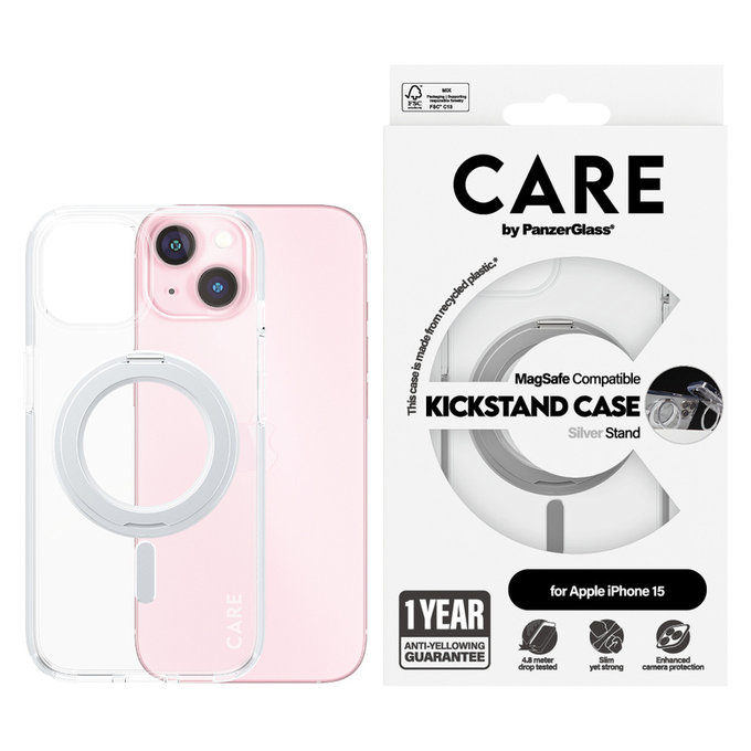 Case Kickstand with MagSAFE by PanzerGlass for iPhone 15, Silver, PanzerGlass