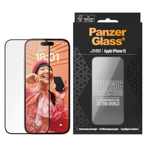 Tempered Glass UWF Ceramic with Applicator for iPhone 15, Black, PanzerGlass