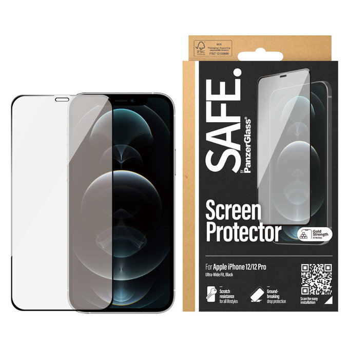 Tempered Glass Case Friendly for iPhone 12 Pro/12, Black, SAFE by PanzerGlass