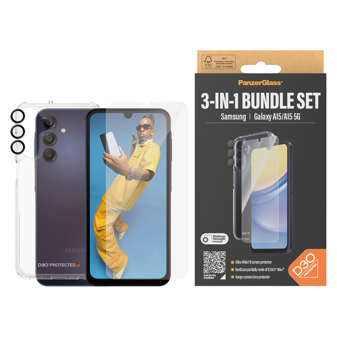 Bundle Hoops + Tempered Glass UWF + Hard Case D3O for Samsung Galaxy A15/A15 5G, PanzerGlass