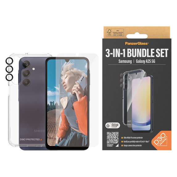 Bundle Hoops + Tempered Glass UWF + Hard Case D3O for Samsung Galaxy A25 5G, Transparent, PanzerGlass