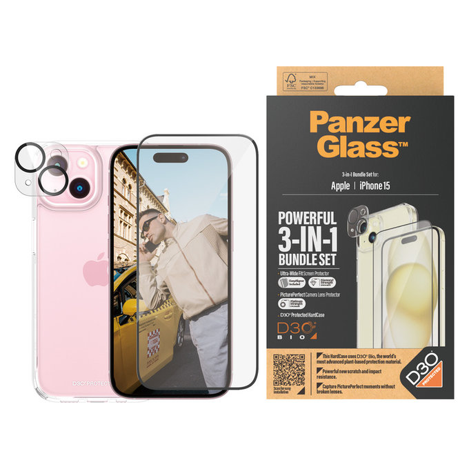 Bundle PicturePerfect + Tempered Glass UWF + Hard Case D3O for iPhone 15, PanzerGlass