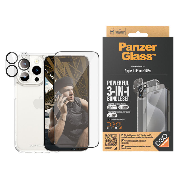 Bundle PicturePerfect + Tempered Glass UWF + Hard Case D3O for iPhone 15 Pro, PanzerGlass