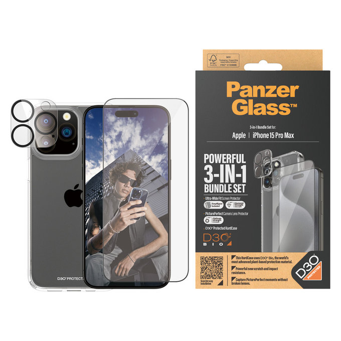 Bundle PicturePerfect + Tempered Glass UWF + Hard Case D3O for iPhone 15 Pro Max, PanzerGlass