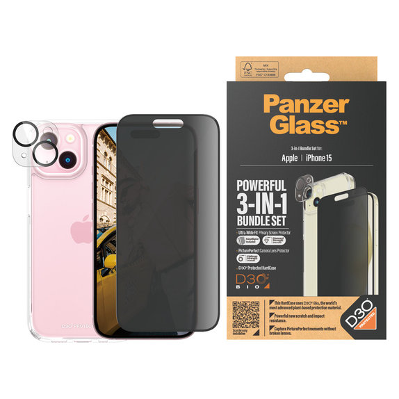 Bundle PicturePerfect + Tempered Glass UWF Privacy + Hard Case D3O for iPhone 15, PanzerGlass