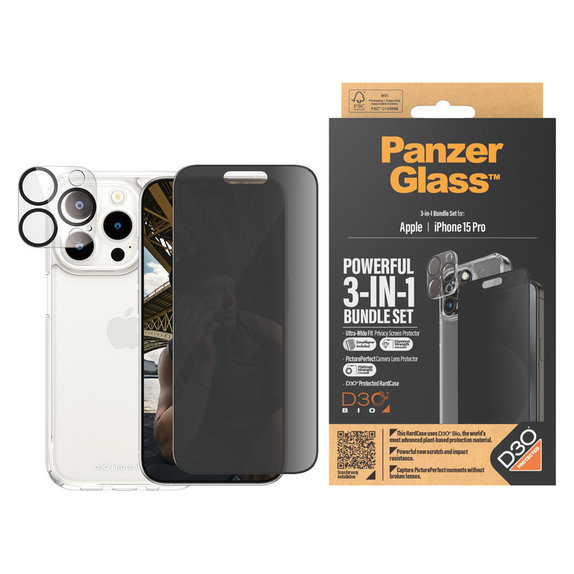 Bundle PicturePerfect + Tempered Glass UWF Privacy + Hard Case D3O for iPhone 15 Pro, PanzerGlass