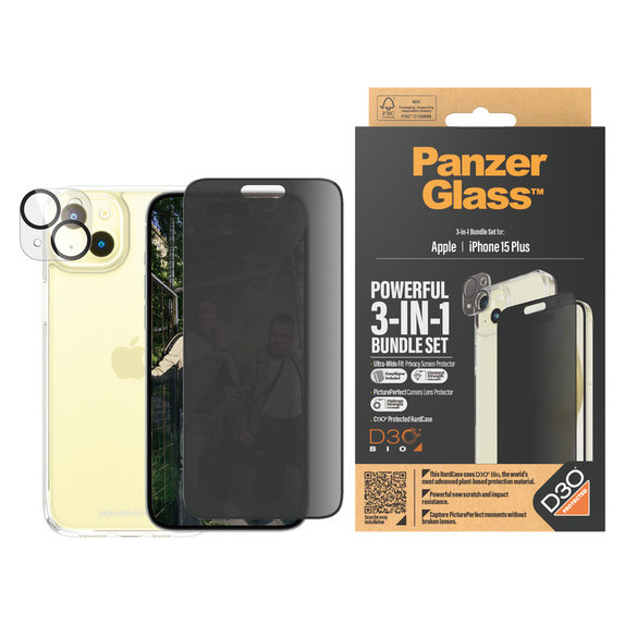 Bundle PicturePerfect + Tempered Glass UWF Privacy + Hard Case D3O for iPhone 15 Plus, PanzerGlass