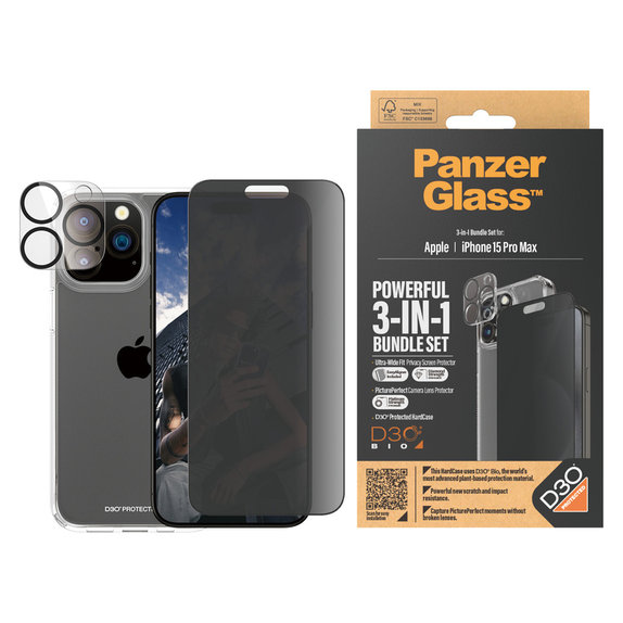 Bundle PicturePerfect + Tempered Glass UWF Privacy + Hard Case D3O for iPhone 15 Pro Max, PanzerGlass