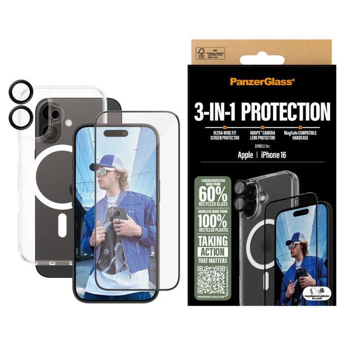 Bundle 3-in-1 Hoops + UWF Tempered Glass + Hard Case for iPhone 16, PanzerGlass