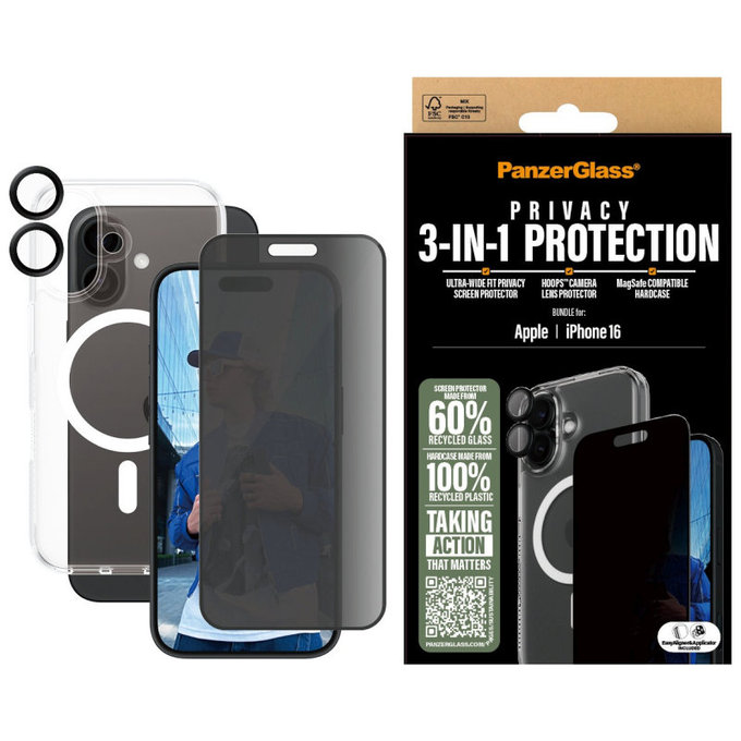 Bundle Hoops + UWF Privacy Tempered Glass + Hard Case for iPhone 16, PanzerGlass