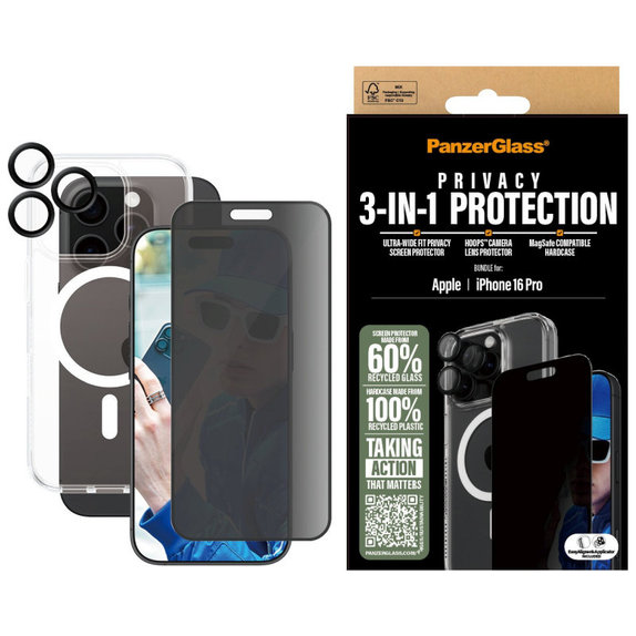 Bundle Hoops + UWF Privacy Tempered Glass + Hard Case for iPhone 16 Pro, PanzerGlass