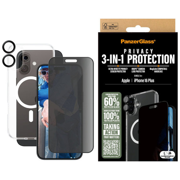 Bundle Hoops + UWF Privacy Tempered Glass + Hard Case for iPhone 16 Plus, PanzerGlass