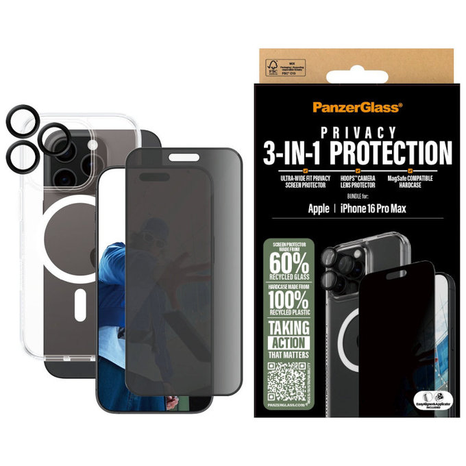 Bundle Hoops + UWF Privacy Tempered Glass + Hard Case for iPhone 16 Pro Max, PanzerGlass