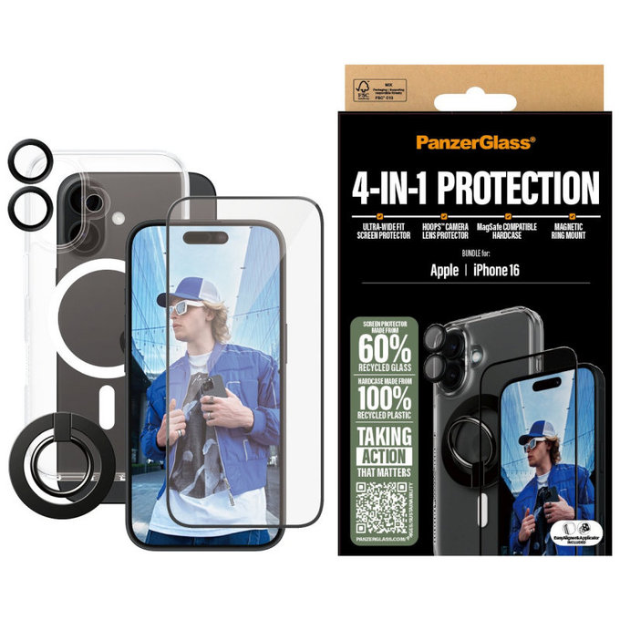 Bundle Hoops + UWF Tempered Glass + Hard Case + Magnetic Ring Mount for iPhone 16, PanzerGlass