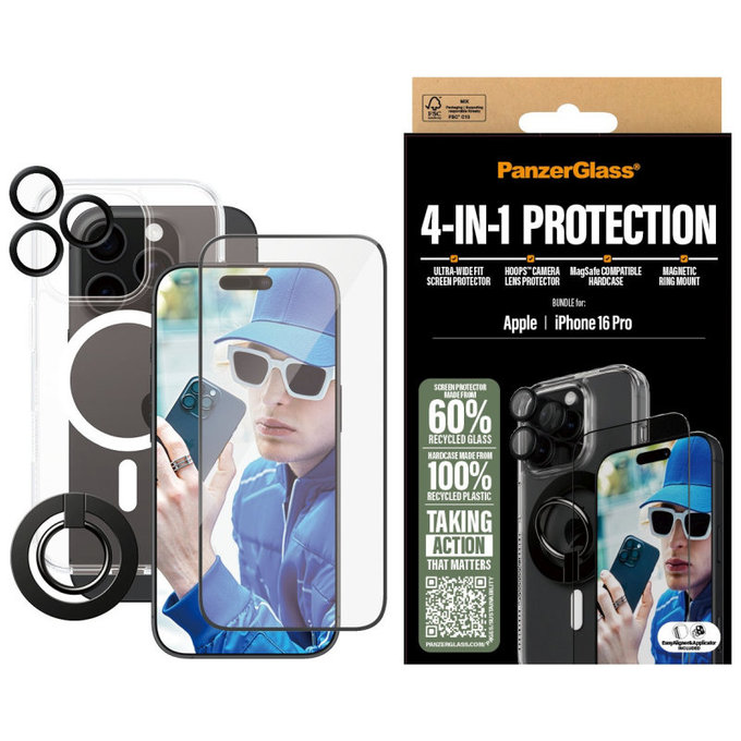 Bundle Hoops + UWF Tempered Glass + Hard Case + Magnetic Ring Mount for iPhone 16 Pro, PanzerGlass