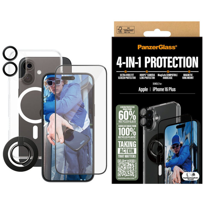 Bundle Hoops + UWF Tempered Glass + Hard Case + Magnetic Ring Mount for iPhone 16 Plus, PanzerGlass