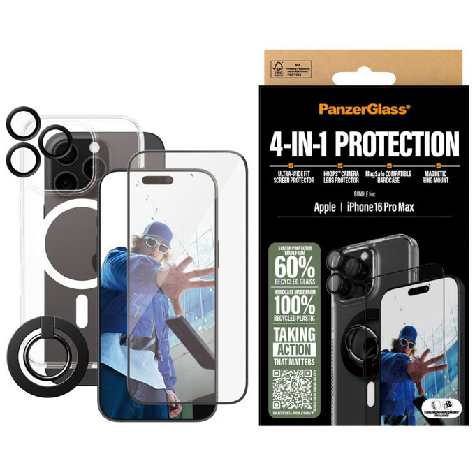 Bundle Hoops + UWF Tempered Glass + Hard Case + Magnetic Ring Mount for iPhone 16 Pro Max, PanzerGlass