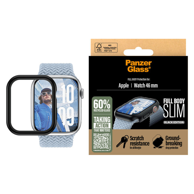 Tempered Glass Full Body Slim for Apple Watch 11/10 46 mm, Black, PanzerGlass