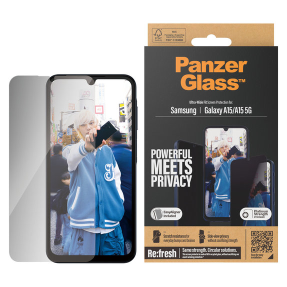 Tempered Glass UWF Privacy with Applicator for Samsung Galaxy A15/A15 5G, Black, PanzerGlass