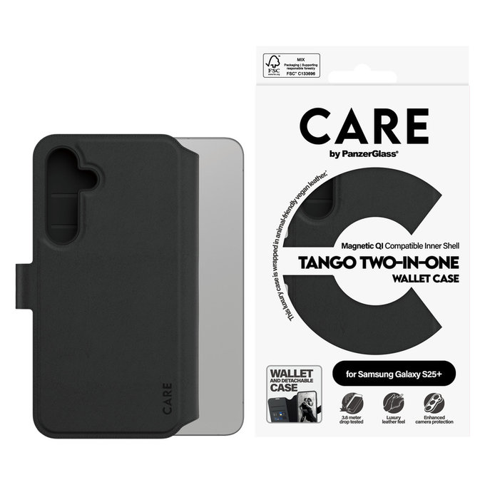 Case Wallet Tango Two-In-One with QI for Samsung Galaxy S25+, Black, PanzerGlass