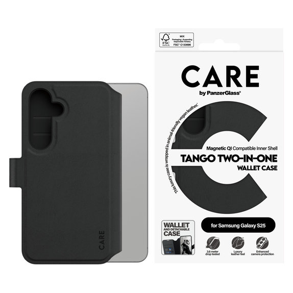 Case Wallet Tango Two-In-One with QI for Samsung Galaxy S25, Black, PanzerGlass
