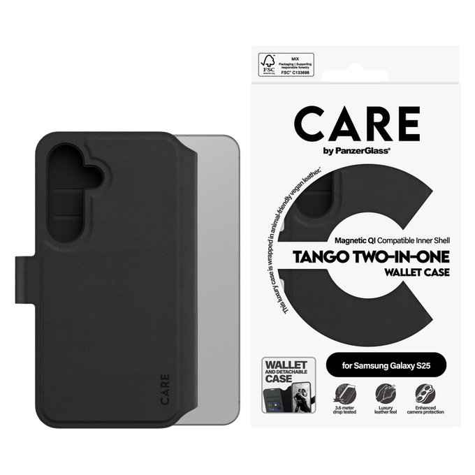 Case Wallet Tango Two-In-One with QI for Samsung Galaxy S25, Black, PanzerGlass