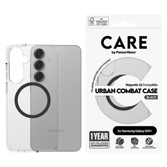 Case Urban Combat with Black QI for Samsung Galaxy S25+, Transparent, PanzerGlass