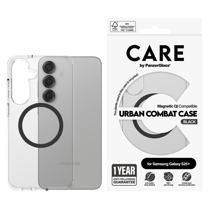 Case Urban Combat with Black QI for Samsung Galaxy S25+, Transparent, PanzerGlass
