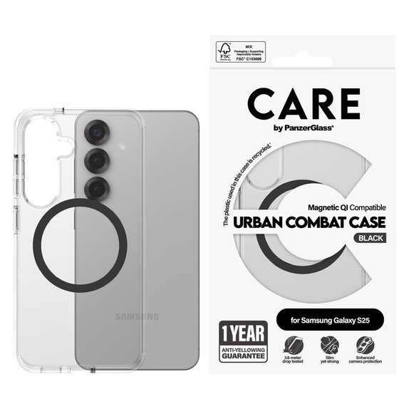 Case Urban Combat with Black QI for Samsung Galaxy S25, Transparent, PanzerGlass