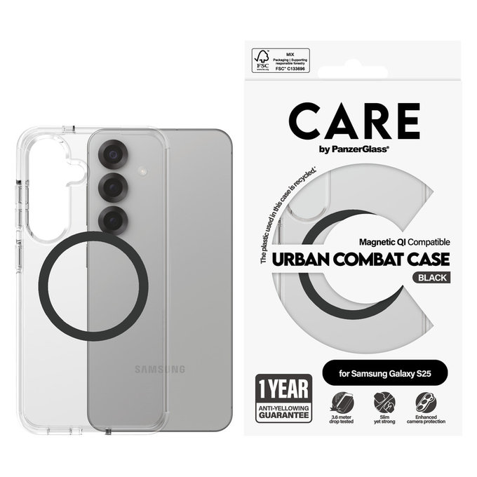 Case Urban Combat with Black QI for Samsung Galaxy S25, Transparent, PanzerGlass