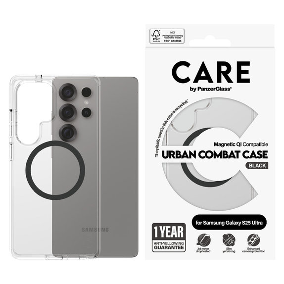 Case Urban Combat with Black QI for Samsung Galaxy S25 Ultra, Transparent, PanzerGlass