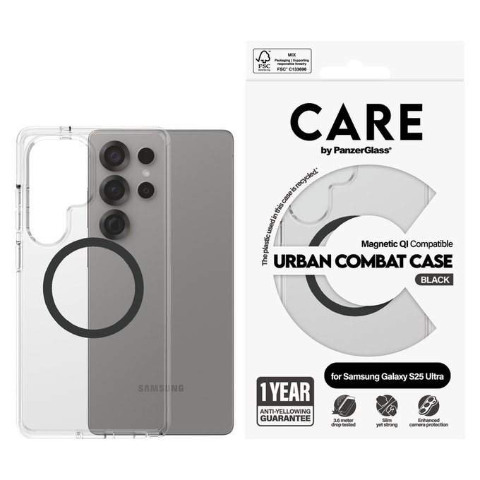 Case Urban Combat with Black QI for Samsung Galaxy S25 Ultra, Transparent, PanzerGlass