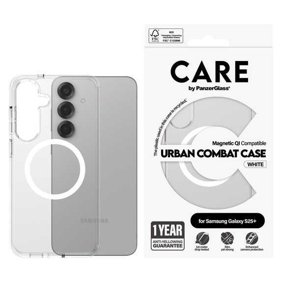 Case Urban Combat with White QI for Samsung Galaxy S25+, Transparent, PanzerGlass