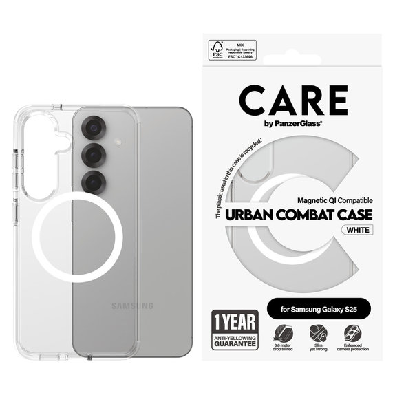 Case Urban Combat with White QI for Samsung Galaxy S25, Transparent, PanzerGlass