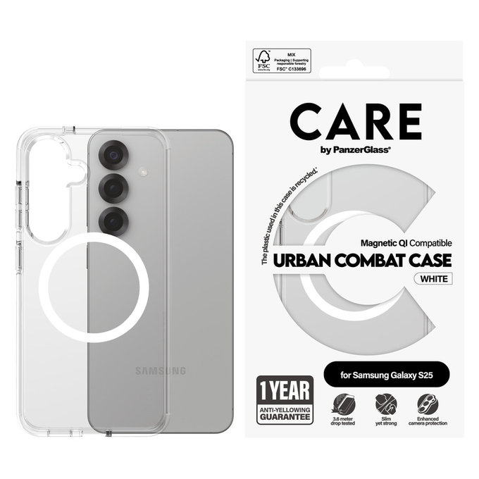 Case Urban Combat with White QI for Samsung Galaxy S25, Transparent, PanzerGlass