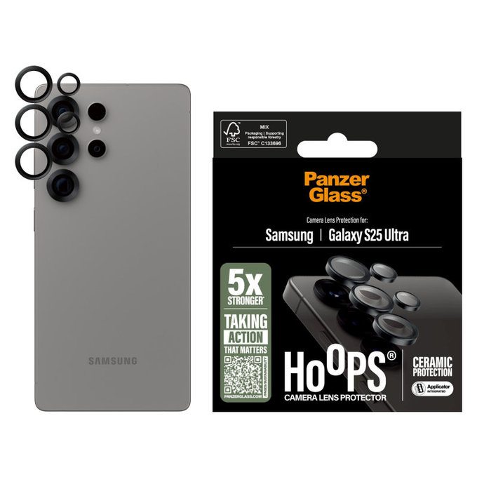 Camera Lens Protector Hoops Ceramic for Samsung S25 Ultra, Black, PanzerGlass