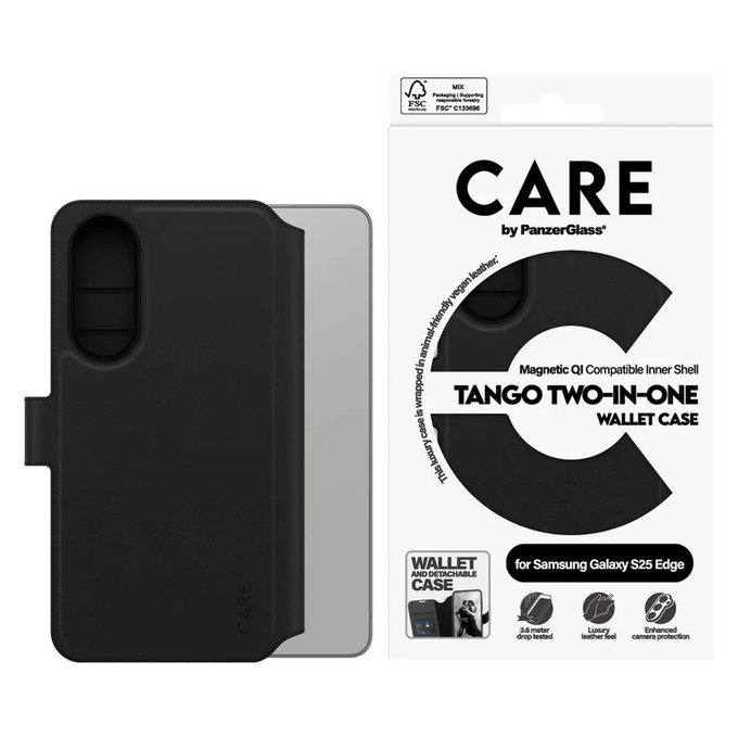 Case Wallet Tango Two-In-One with QI for Samsung Galaxy S25 Edge, Black, PanzerGlass